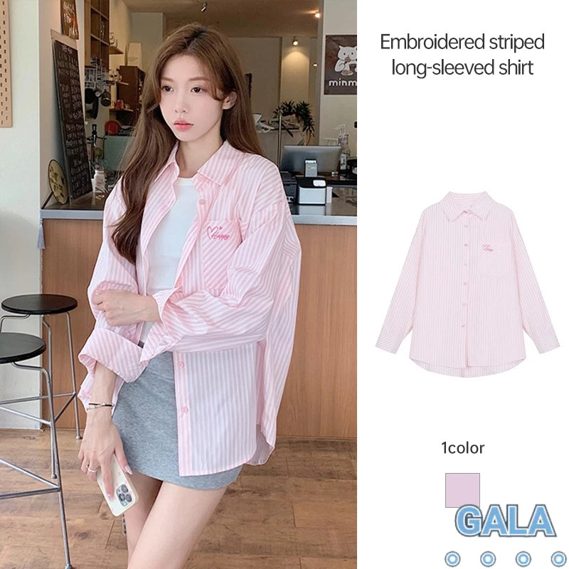 จัดส่งด่วน🌸เสื้อเชิ้ตแขนยาวทรงหลวมลำลองดีไซน์เรียบง่ายด้านบนเสื้อเชิ้ตลายปัก