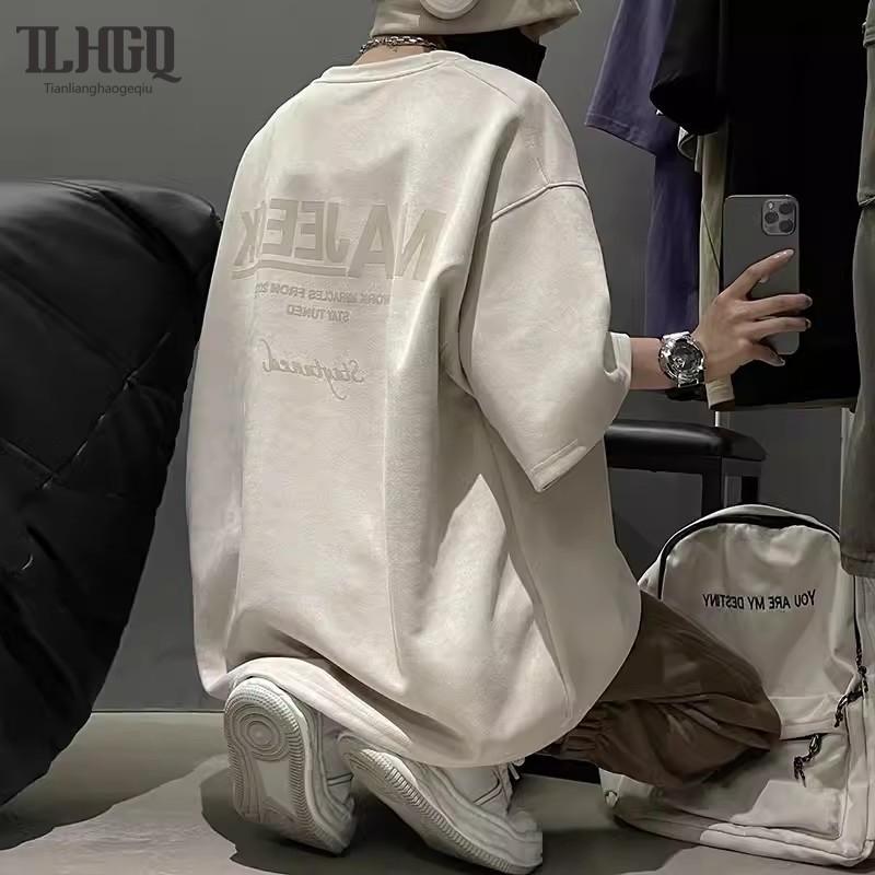 TLHGQ เสื้อยืดคอกลม แขนสั้น หนังกลับ ลําลอง สไตล์เรโทร อเมริกัน สตรีท อินเทรนด์ เหมาะกับฤดูร้อน สําหรับผู้ชาย