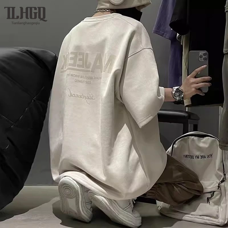 TLHGQ เสื้อยืดคอกลม แขนสั้น หนังกลับ ลําลอง สไตล์เรโทร อเมริกัน สตรีท อินเทรนด์ เหมาะกับฤดูร้อน สําหรับผู้ชาย
