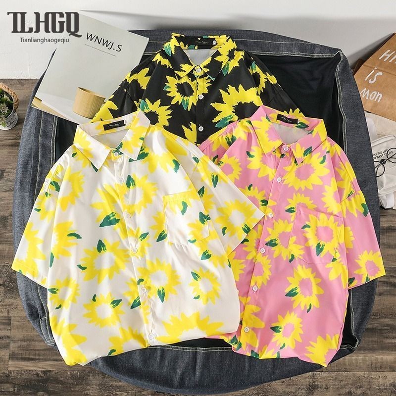 TLHGQ เสื้อเชิ้ตแขนสั้นพิมพ์ลายดอกทานตะวันฮาวายมีสไตล์สําหรับผู้ชายชุดลําลองฤดูร้อนที่สมบูรณ์แบบ beachwear