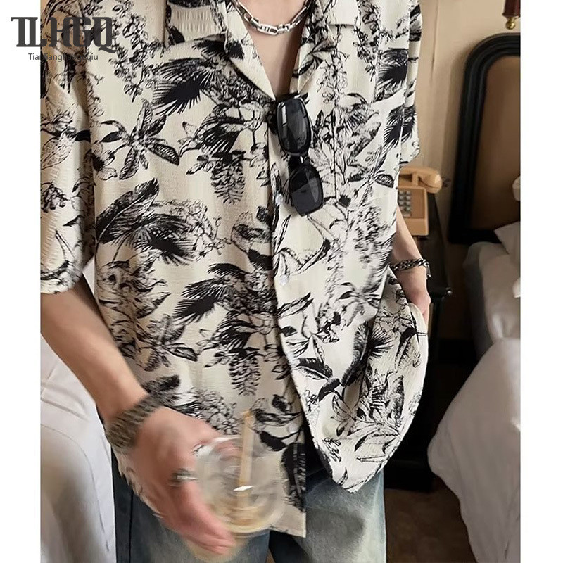 TLHGQ ผู้ชายสไตล์ฮ่องกงจีน-เก๋ไก๋หมึกย้อมเสื้อแขนสั้นฤดูร้อนชายหาดเสื้อเชิ้ตสไตล์ไทยเสื้อโค้ทผู้ชายแขนสั้น beachwear