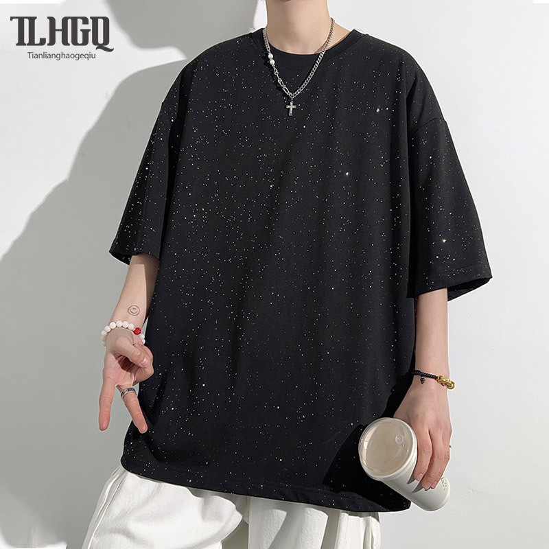 TLHGQ เสื้อยืดคอกลมแขนสั้นสำหรับผู้ชาย  ลำลอง Glitter ครึ่งแขน