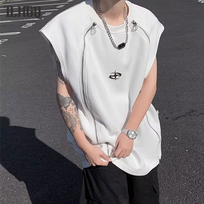 TLHGQ เสื้อยืดแขนกุด คอกลม ทรงหลวม แต่งซิป สไตล์อเมริกัน สตรีท สําหรับผู้ชาย