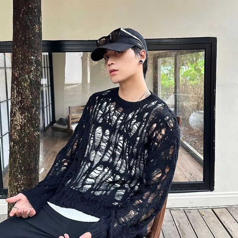 เสื้อกันหนาวผู้ชายหลวมทั้งหมดตรงกับ Idle สไตล์ Ripped ถัก Smock Top
