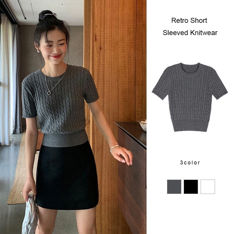 เสื้อถักแขนสั้นย้อนยุคผู้หญิงเสื้อถักบางอเนกประสงค์รอบคอเอวดึงด้านบน GA