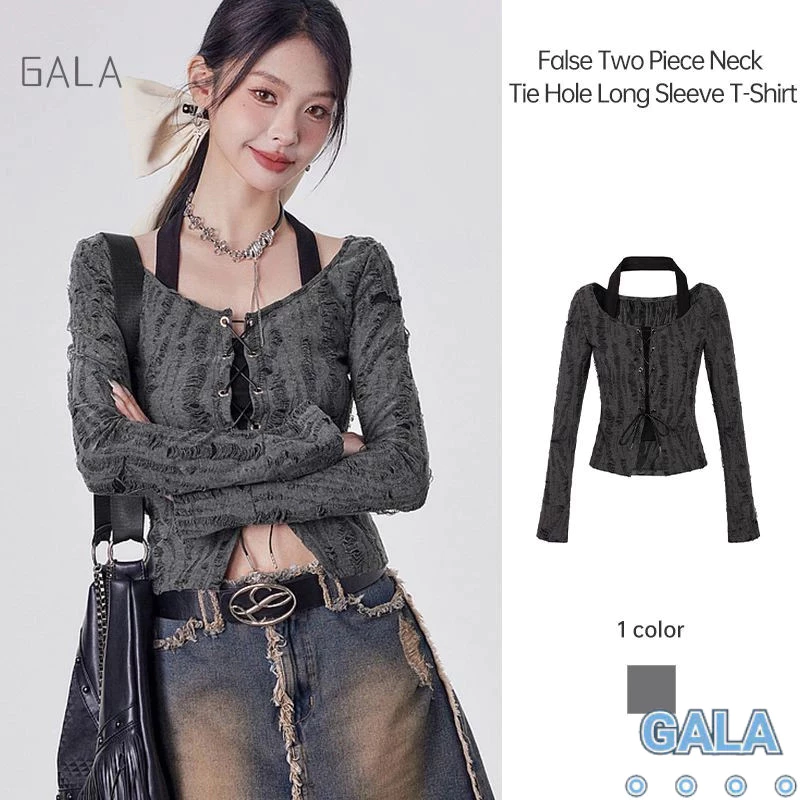 สไตล์เข้มปลอมสองชิ้นแขวนคอผูกเชือกเสื้อยืดแขนยาวหวานฮอตอินเทรนด์ด้านบน GA