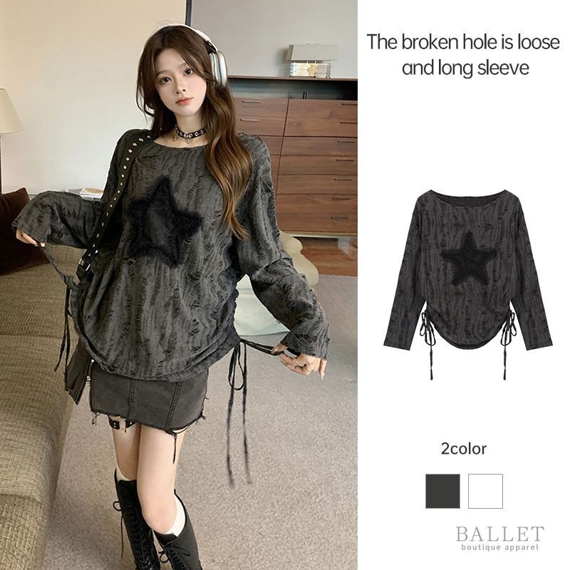เสื้อยืดแขนยาว Drawstring หลวมสาวร้อนเสื้อยืดปิดไหล่ Hollow-out อินเทรนด์ยอดนิยม BB