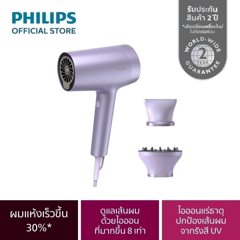 Philips ฟิลิปส์ ไดร์เป่าผม พลังลมเทียบเท่า 2300W ผมนุ่มเงางามด้วย Water&Mineral ไอออนิค x8 รุ่น BHD720/10