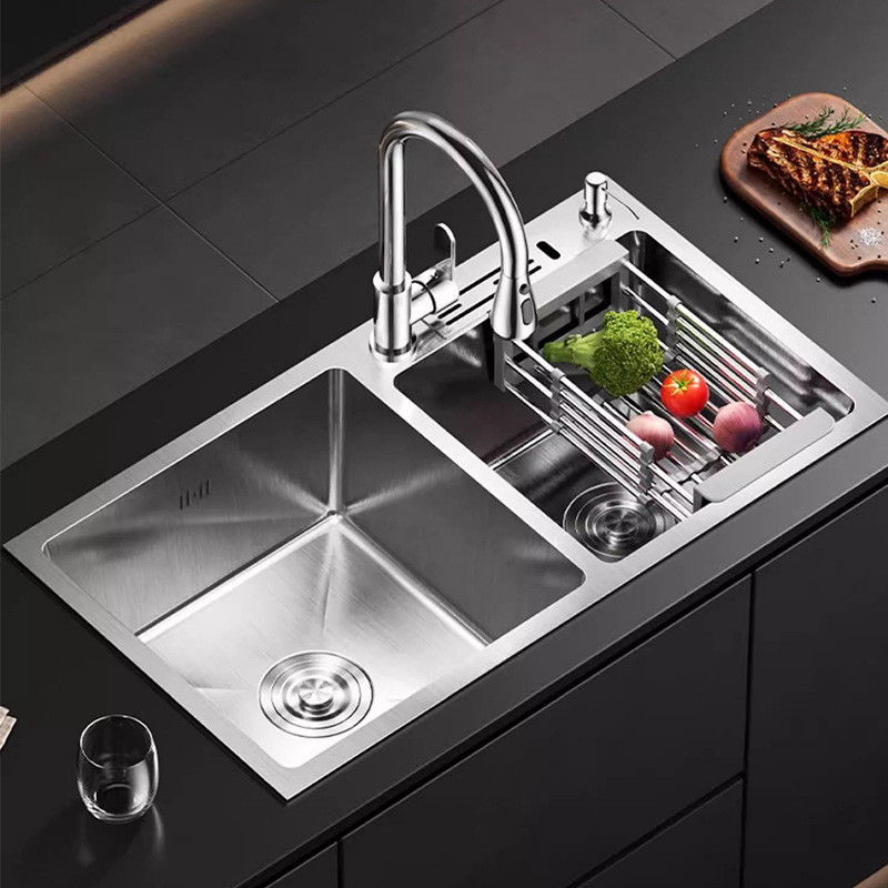 ซิงค์หนา ร่องคู่304ซิงค์ล้างจานสแตนเลส ซิงค์ล้างจานในครัวเรือน ซิงค์ล้างจานแบบตั้งพื้นทำมือ