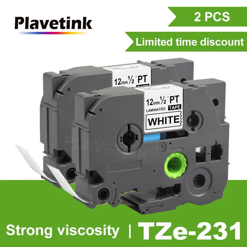 Plavetink 2 PCS tze231 tape 12mm compatible for Brother P-touch TZe 231 Black on White Label Maker T