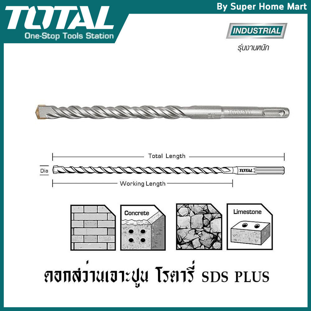 Total ดอกสว่านเจาะปูน โรตารี ก้าน SDS Plus 11 / 12 / 13 / 14 /16 / 18 / 20 / 22 มม. (SDS Plus Hammer Drill) เจาะคอนกรีต ราคา ถูกที่สุด ดีลบีเคเค แกลเลอรีภาพที่ 2