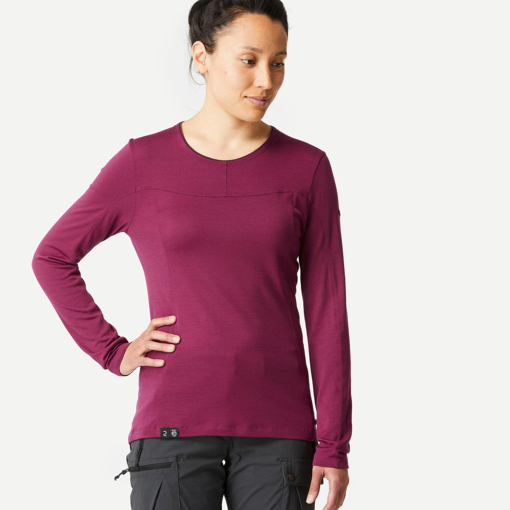 FORCLAZ - เสื้อยืดแขนยาวผ้าเมอริโนวูลสำหรับผู้หญิงรุ่น MT500 (สีม่วงแดง) - Women's MT500 long sleeve merino wool t-shirt