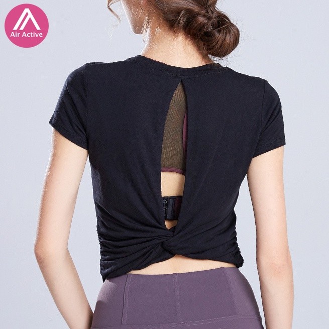 เสื้อกีฬาโยคะ แขนสั้น ระบายอากาศ สีพื้น