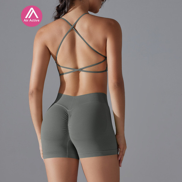 Yoga Sports Set Seamless Knitted Cross Back Sports Bra And High Waist Pleats Hip Sports Shorts