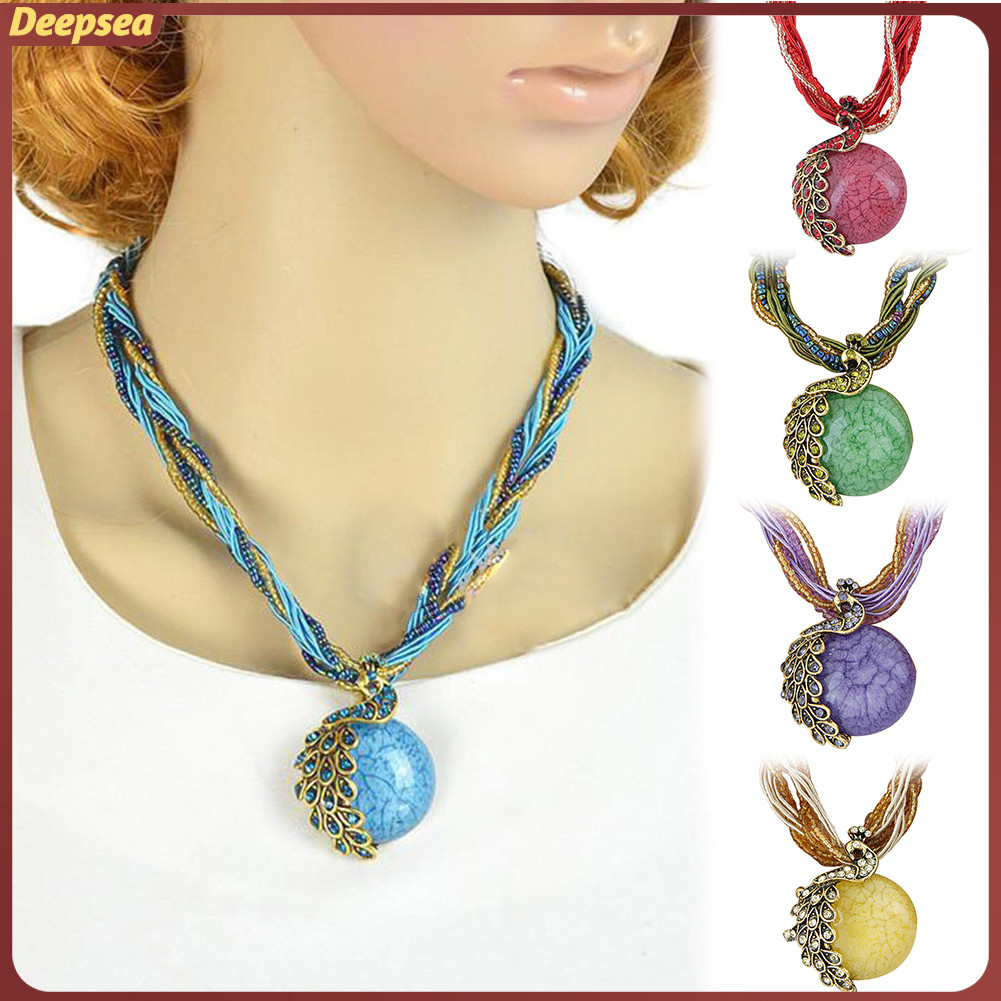 Dpa สร้อยคอ จี้โอปอลเทียม ทรงกลม ฝังพลอยเทียม รูปนกยูง สไตล์โบฮีเมียน สําหรับผู้หญิง