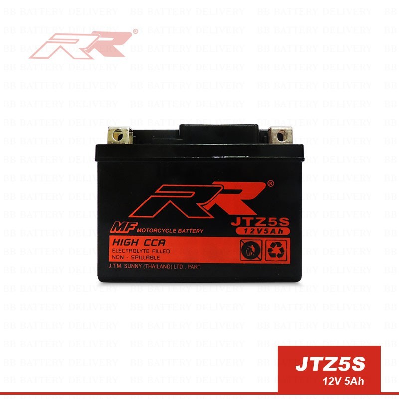 แบตมอไซค์ แบตมอเตอร์ไซค์แบตเตอรี่รถมอเตอร์ไซค์ ยี่ห้อ RR รุ่น JTZ5S 12V 5Ah แบบแห้ง คุณภาพสูงไฟแรงทน