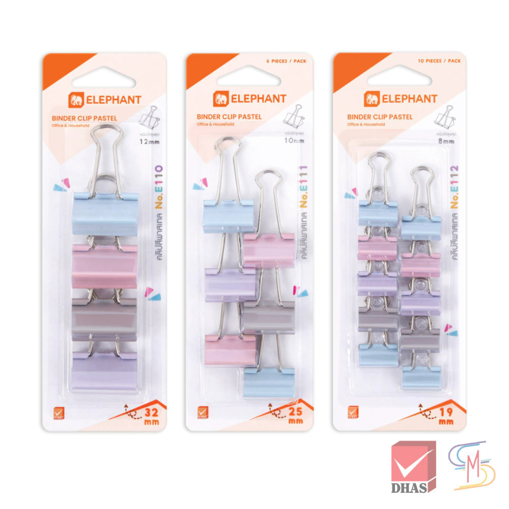 Elephant ตราช้าง คลิปหนีบกระดาษ สีพาสเทล No. E110 / E111 / E112 จำนวน 1 แผง