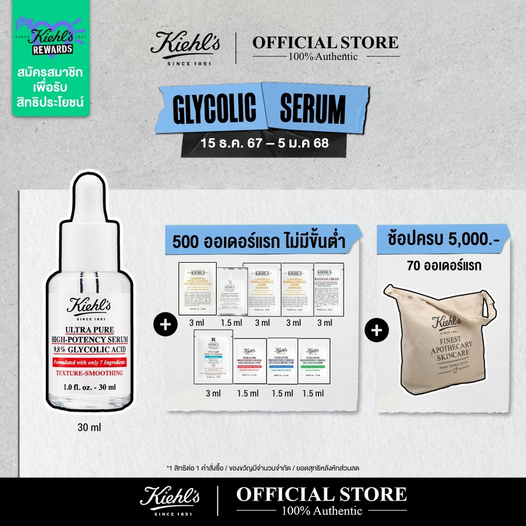 KIEHL'S ULTRA PURE HIGH-POTENCY 9.8% GLYCOLIC ACID SERUM 30ML เซรั่มสูตรเข้มข้น ช่วยปรับผิวให้เรียบเนียน ผิวดูโกลว์ขึ้น