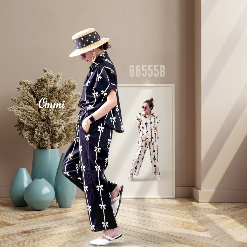Ommishop 66555B ชุดเซ็ท เสื้อแขนสั้นคอปก และกางเกงขายาว ลาย Bow Cotton Japan 100% (Bonus)[66555]