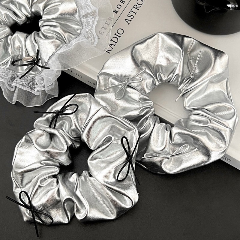 candypop Sweet Cool Style Silver Bow Hair Rope Niche High-end เชือกผมแฟชั่นผมหางม้าเชือกผม