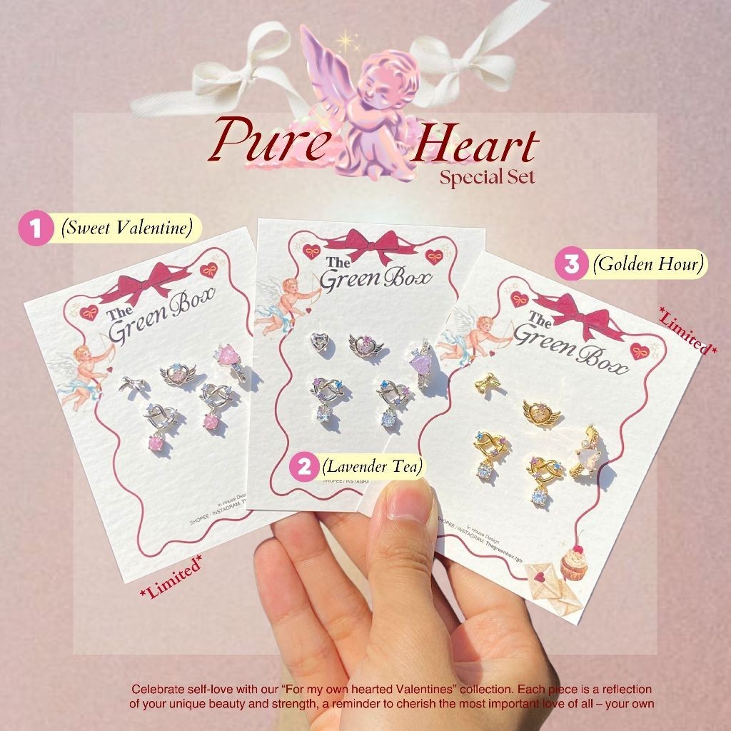 [เลือกข้าง Ear Cuff ได้] เซ็ทต่างหู Pure Heart Set รวมต่างหูและEar Cuff รุปหัวใจ - The Green Box