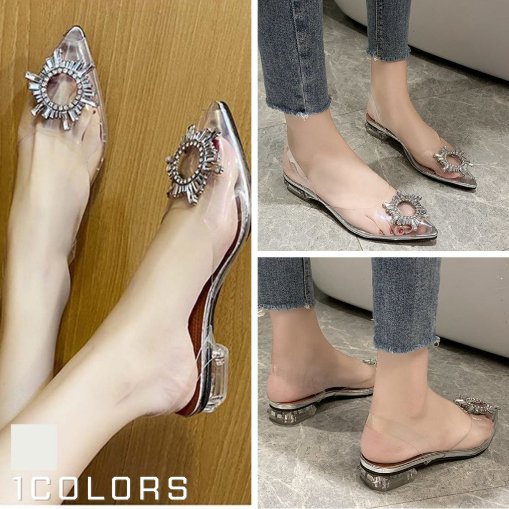 รองงเท้าคัชชูรัดส้นทรงหัวแหลม ประดับคริสตัลเพชร สีใส เบอร์ 34-43