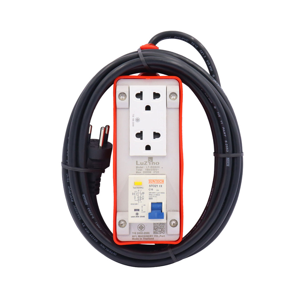 LUZINO บล๊อกยาง PVC พร้อมสายไฟ VCT 3 x 1.5 มีเบรกเกอร์กันดูด 2 ช่อง รุ่น LT-RGB2 ขนาด 5 เมตร