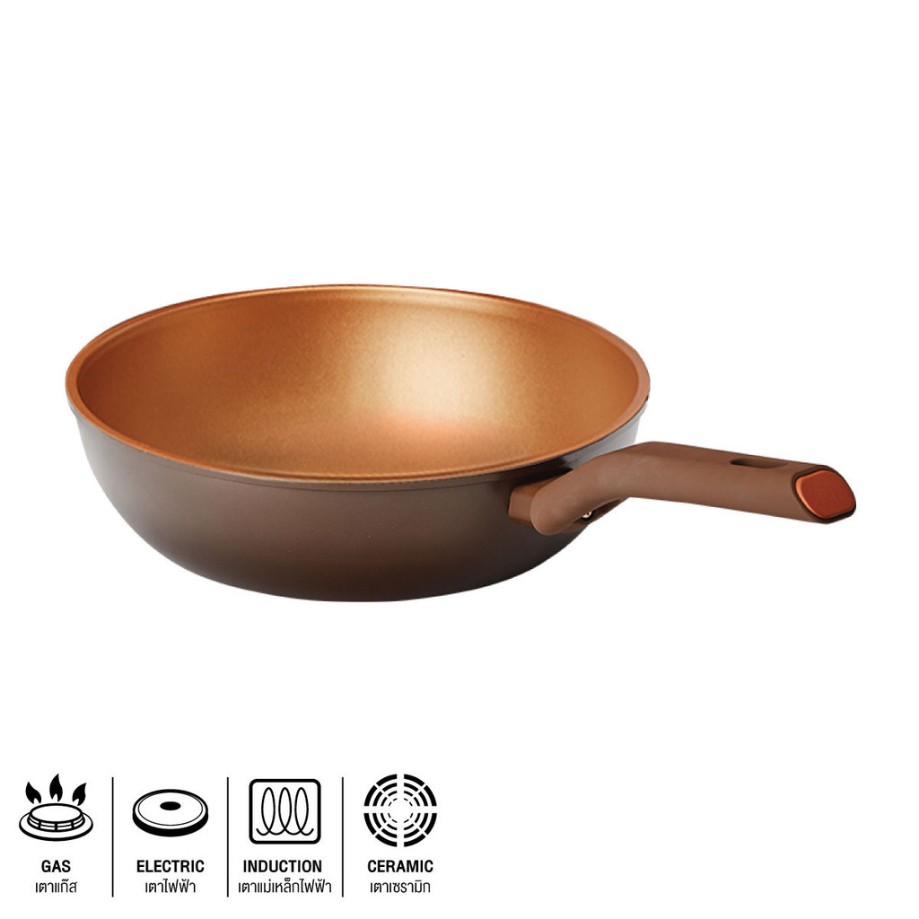 KASSA HOME กระทะด้ามนอนสติ๊กทรงลึก รุ่น L124AK-0024 ขนาด 24 ซม. สีน้ำตาล - ทอง
