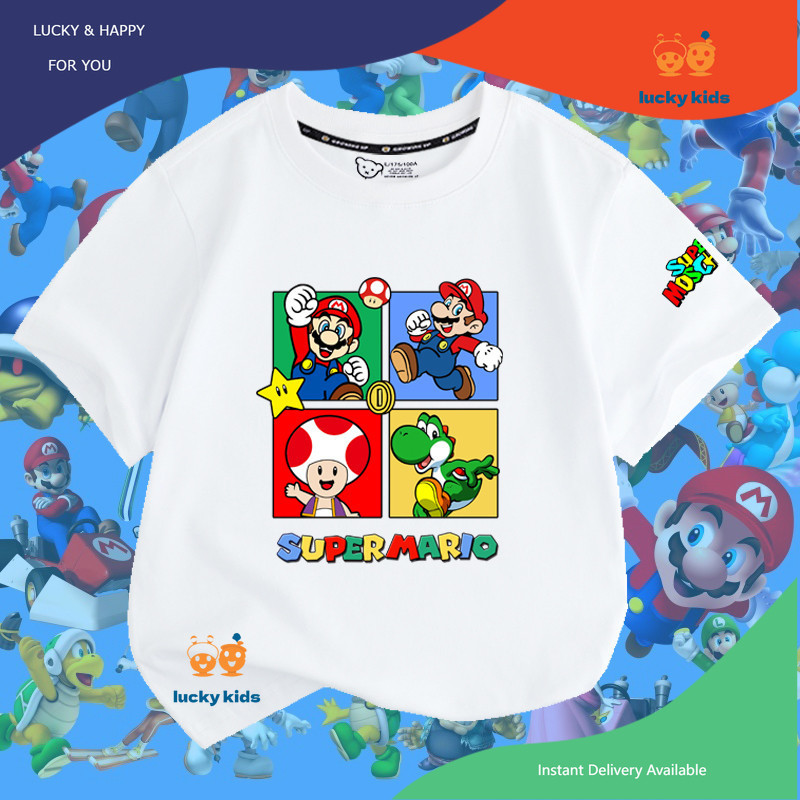🐳 เสื้อยืดเด็ก 2024 ใหม่ supermario-3ผ้าฝ้าย 100% สะดวกสบายและระบายอากาศ 🌊 ยืดหยุ่น ไม่เสียรูปไม่จางหาย 🌈LUCKY KIDS