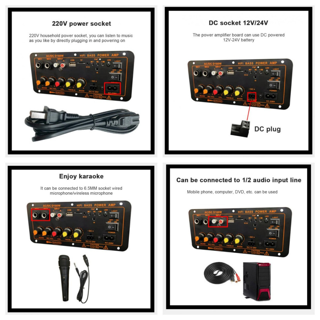 【COD】D100 แอมป์บลูทูธ แอมป์จิ๋ว เครื่องขยายเสียง 2ch บลูทูธ usb ฟังชั้นครบ โมแรงๆ 12/24/220V ปรับเอคโค่