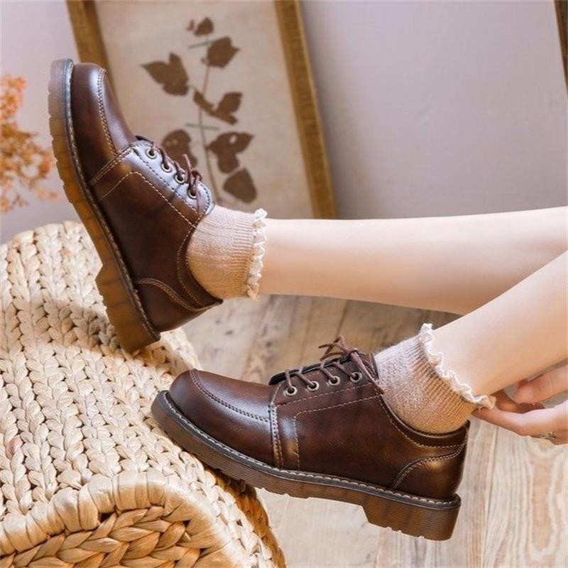 IELGY สีน้ําตาล Lace-up Oxford Lace-up บางรองเท้าหนังผู้หญิง 2025 Preppy Vintage พร้อมกระโปรง