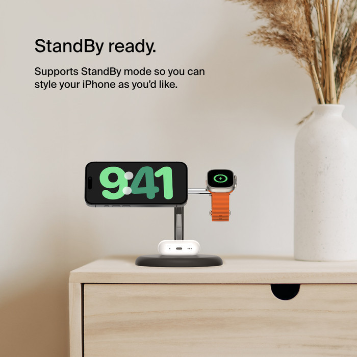 Belkin NEW แท่นชาร์จไร้สายรุ่นใหม่ ชาร์จเร็ว เทคโนโลยี Qi2 Pro New 3in1 Magnetic Wireless Charging Stand รุ่น WIZ023