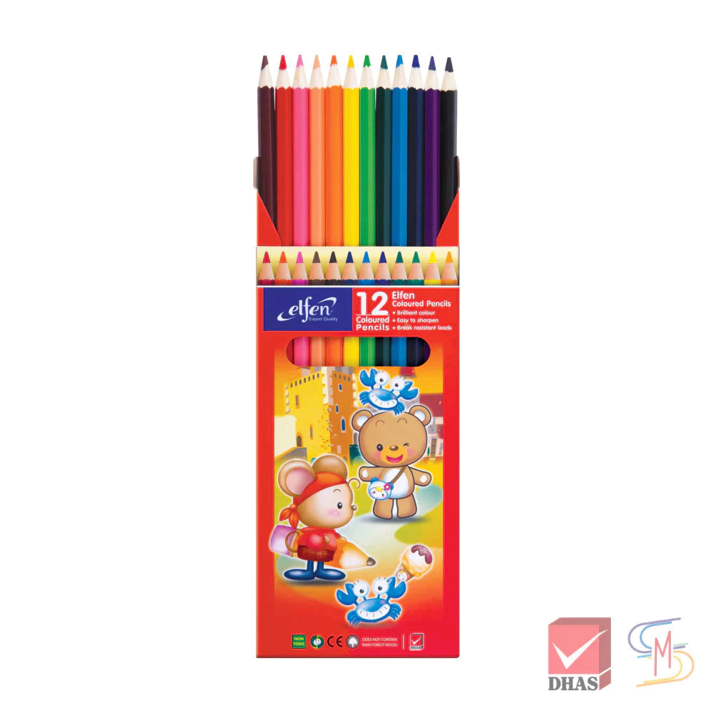 Elfen เอลเฟ่น สีไม้ ดินสอสีไม้ แท่งยาว 12 สี จำนวน 1 กล่อง