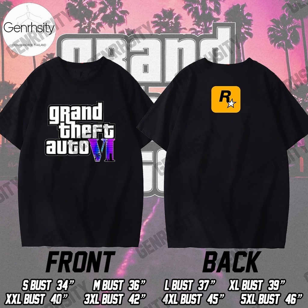 Gta6 เสื้อยืด ผ้าฝ้าย พิมพ์ลายเกม Rockstar สีดํา สําหรับผู้ชาย และผู้หญิง