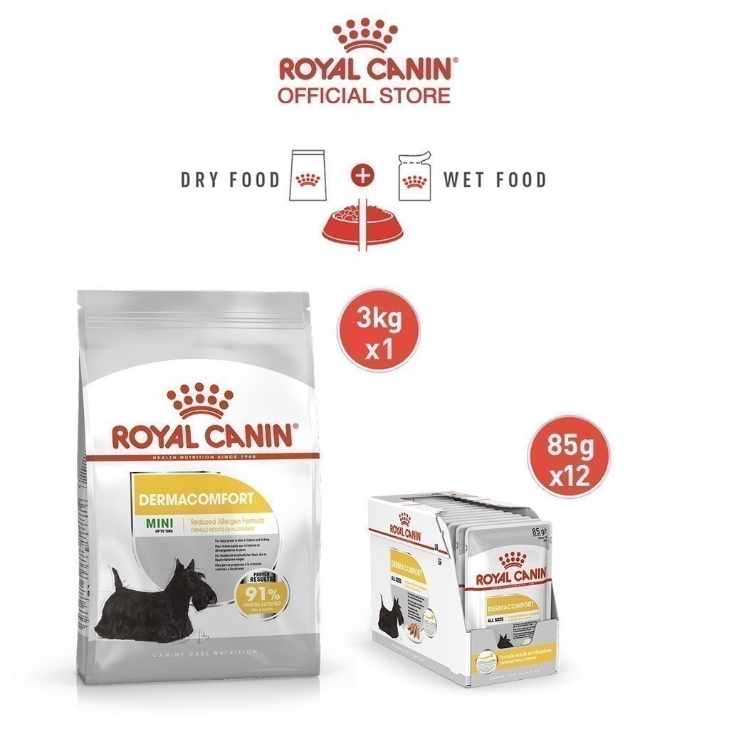 [เซตคู่สุดคุ้ม] Royal Canin Mini Dermacomfort 3kg+Royal Canin Dermacomfort Pouch Loaf สุนัขผิวแพ้ง่าย อายุ10เดือนขึ้นไป