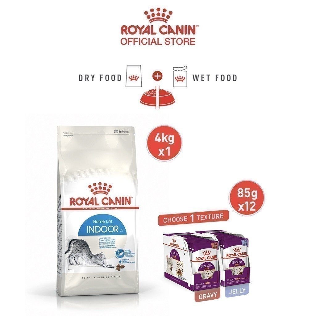[เซตคู่สุดคุ้ม] Royal Canin Indoor 4kg แมวเลี้ยงในบ้าน+Royal Canin Sensory Taste Pouch Gravy รสชาติพิเศษ อายุ 1 ปีขึ้นไป