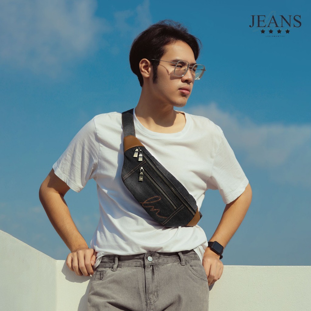 Louis Montini (JEANS) กระเป๋าคาดอก  Belt bag ผ้ายีนส์ผสมหนังวัวเเท้ JEAN02