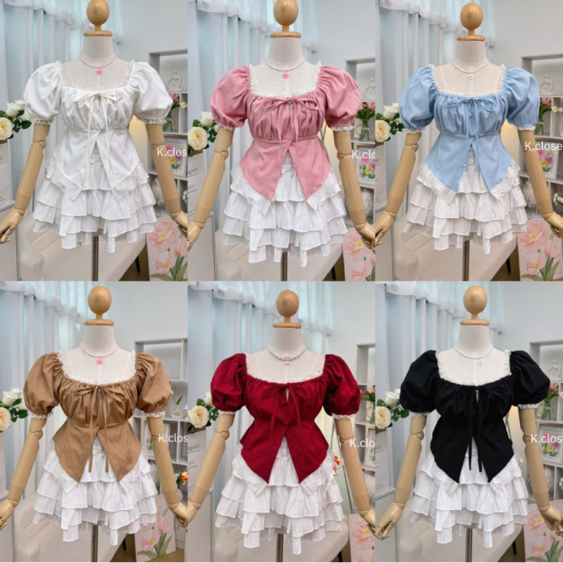 เสื้อรูดอกแขนตุ๊กตาทรงเจ้าหญิง แต่งลูกไม้รอบตัว งานน่าารักสาวอวบใส่ได้