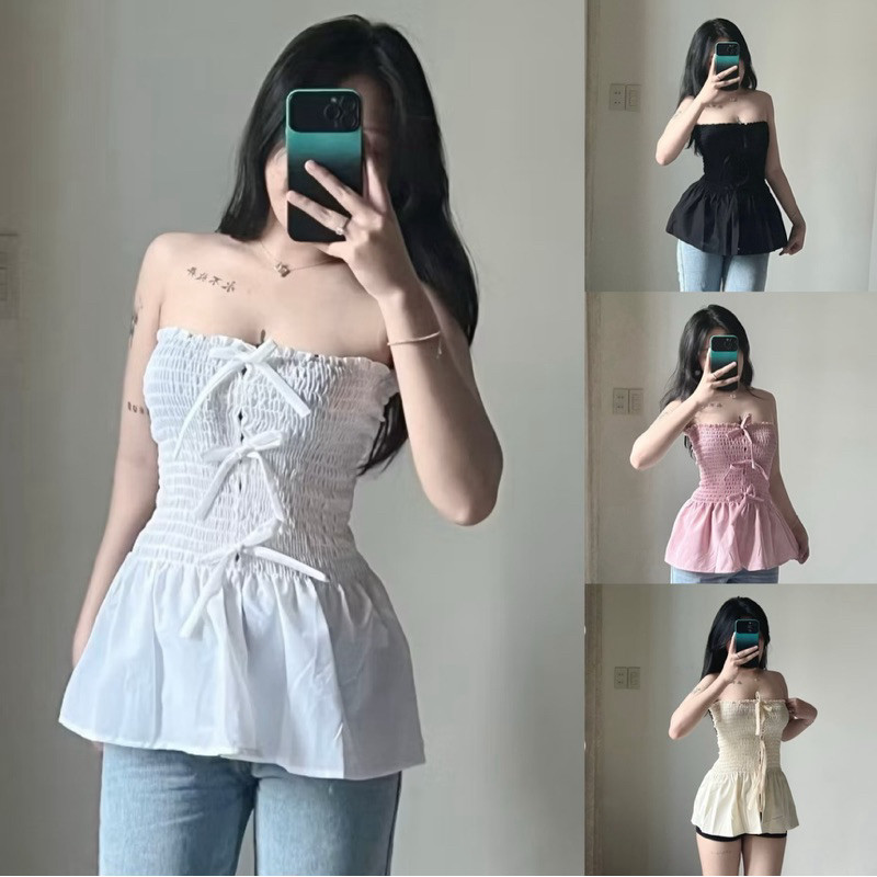 สินค้าพร้อมส่งจากไทย🚛 เสื้อเกาะอกแต่งโบว์ ดีเทลน่ารักใส่ไปคาเฟ่ทะเลได้หมด💗
