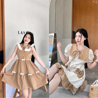 เดรสคอบัวแขนตุ๊กตา ลายสก็อต/สีพื้น น่ารักมากก