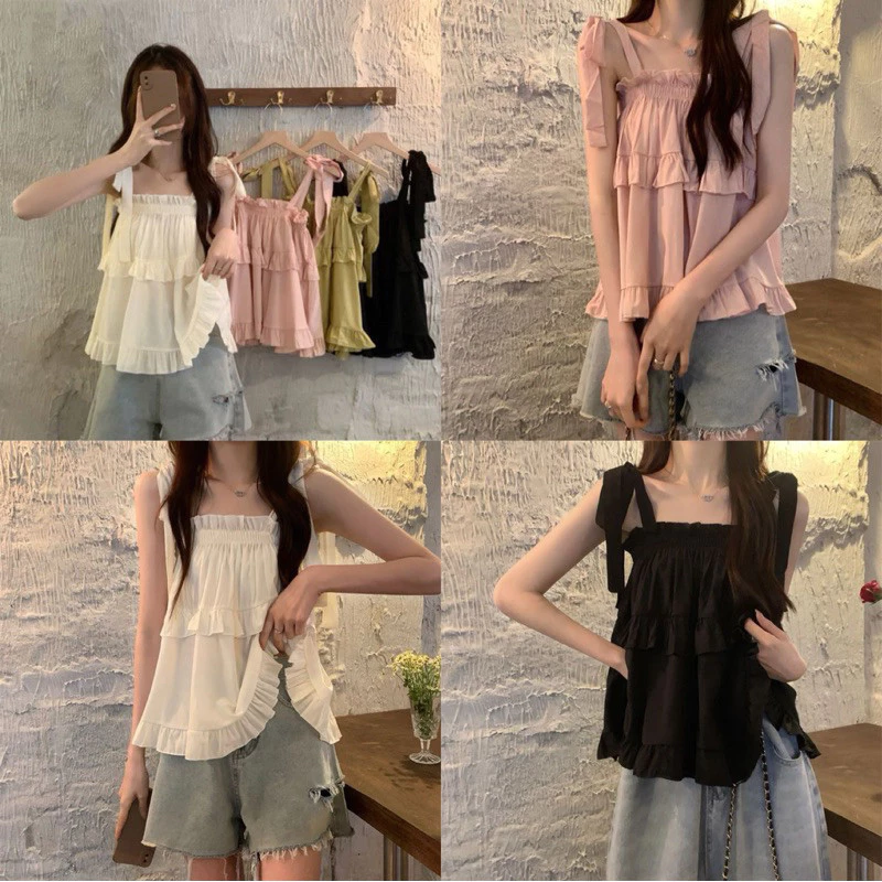 เสื้อสายเดียวคอเหลี่ยมผูกไหล่ ทรงเรียบๆน่ารักสไตล์เกาหลี