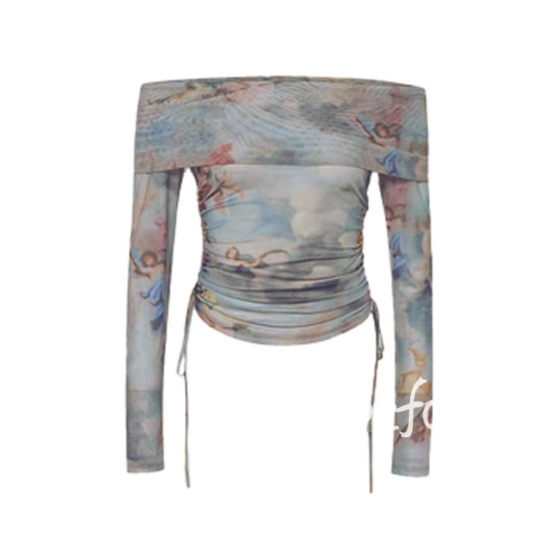 หวานสาวร้อนปิดไหล่ด้านบนDrawstringพิมพ์เสื้อยืดแขนยาวผู้หญิงเก๋ผ้ากอซด้านบน BF - รูปที่ 6