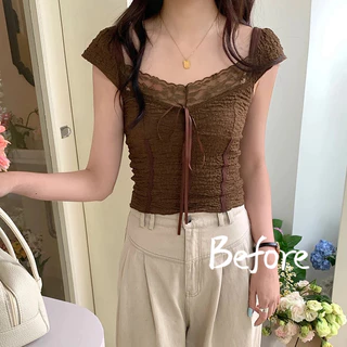 เสื้อยืดโบว์ลูกไม้สไตล์ฝรั่งเศสผู้หญิง Niche คอวีแขนสั้นเสื้อยืดสลิมฟิตสั้นด้านบน BF
