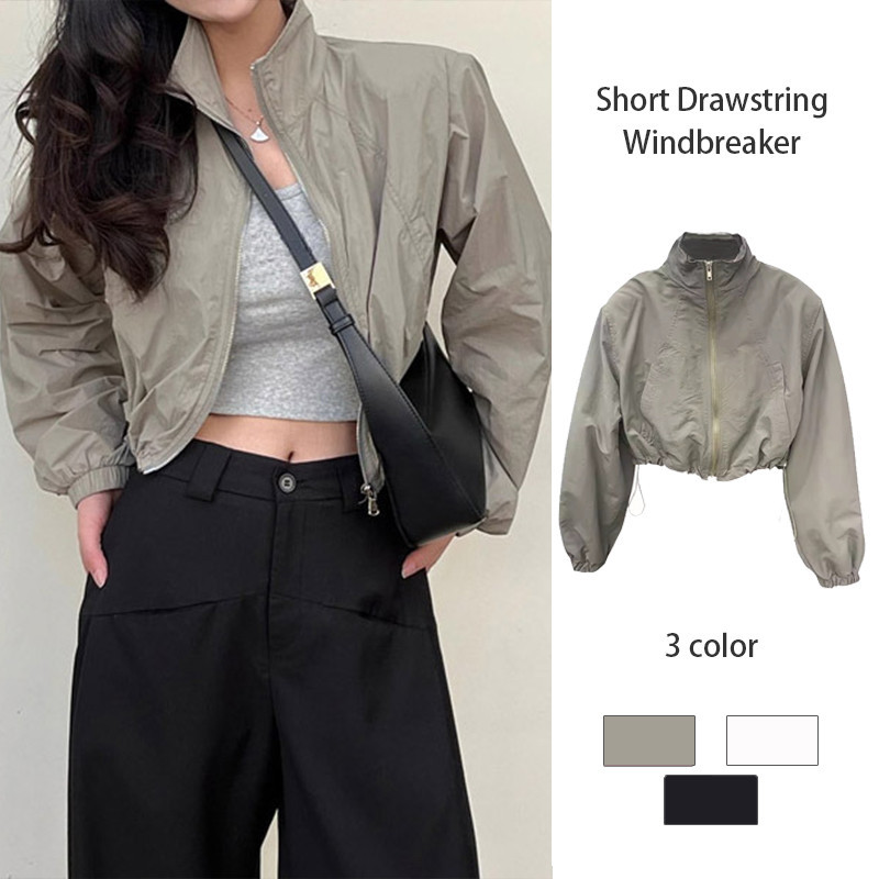 เสื้อกันลม Drawstring สั้นกลางแจ้ง Stand-up Collar Zipper Jacket ผู้หญิงป้องกันแสงแดดเสื้อแจ็คเก็ตบาง JN