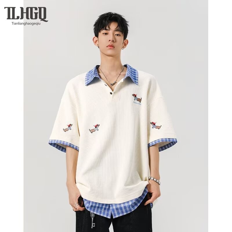 TLHGQ เสื้อโปโลปักลายสุนัข แฟชั่นคู่รัก ชายหญิง แขนสั้น น่ารัก