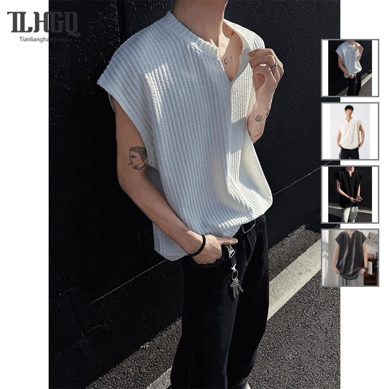 TLHGQ ฤดูร้อนผู้ชายลําลองคอวีเสื้อยืดแขนกุดทรงหลวมเสื้อกั๊กระบายอากาศ