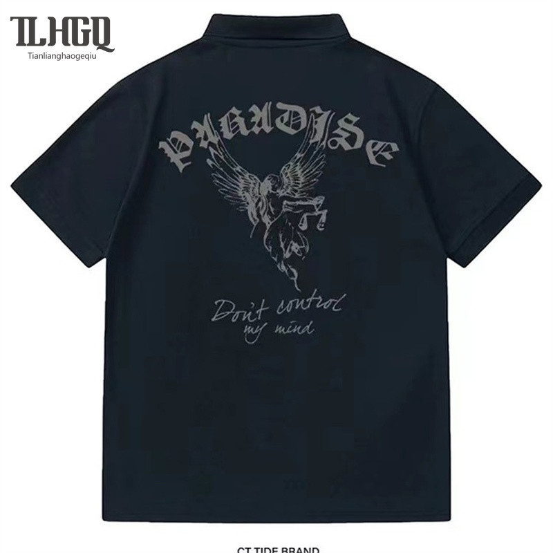 TLHGQ เสื้อยืดโปโล คอปก แขนห้าส่วน ทรงหลวม สไตล์อเมริกัน สตรีท สําหรับผู้ชาย