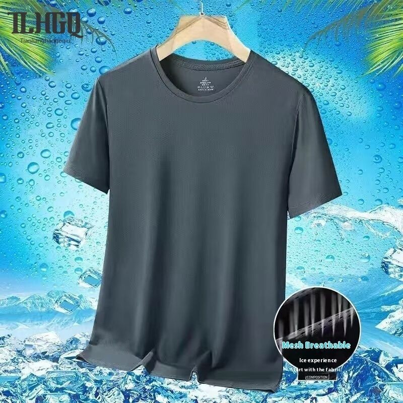 TLHGQ เสื้อยืดแขนสั้นผู้ชายฤดูร้อนบางผ้าไหมน้ําแข็งตาข่ายระบายอากาศแห้งเร็วหลวมเสื้อ จุดต่ําสุด