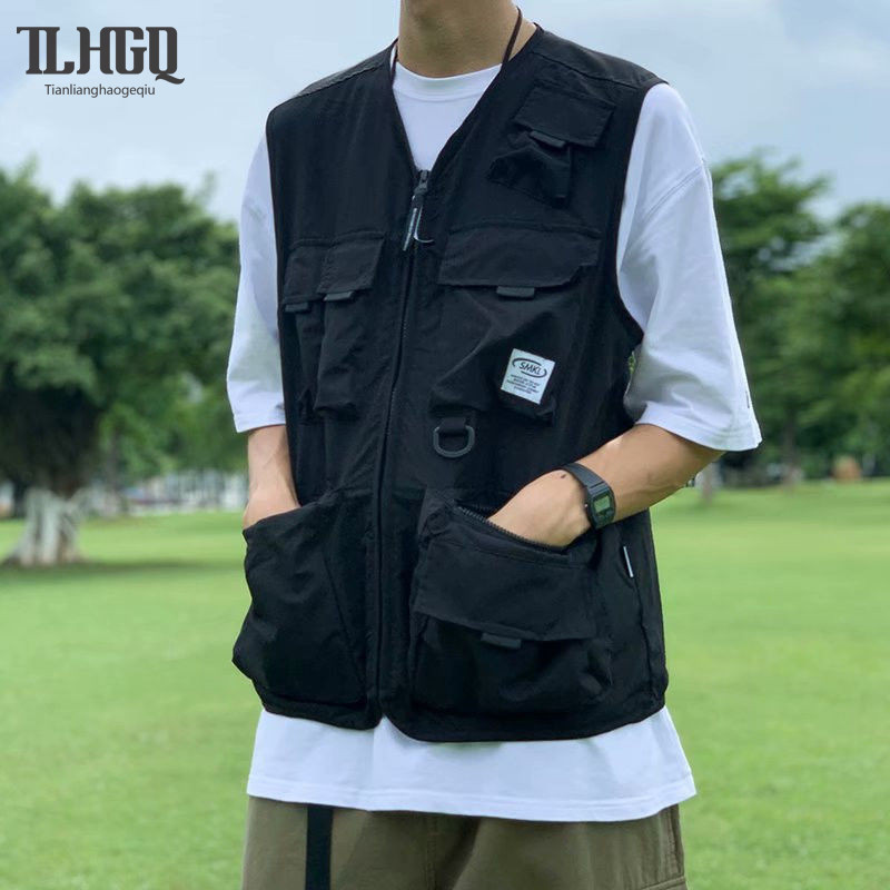 TLHGQ Pannofluxus Mens Multi Pocket Tactical vest Diablo อาเขตเสื้อกั๊กแจ็คเก็ตอเนกประสงค์ผู้ชายและผู้หญิงแจ๊กเก็ตอินเทรนด์ฮิปฮอปด้านบน