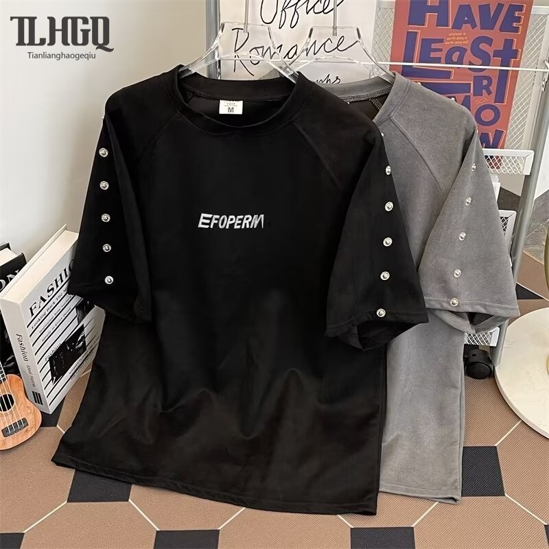 TLHGQ เสื้อเชิ้ตแขนสั้นสีทึบหมุดย้ําสําหรับผู้ชาย ผ้าฝ้ายแท้ niche หลวมสบายๆครึ่งแขน